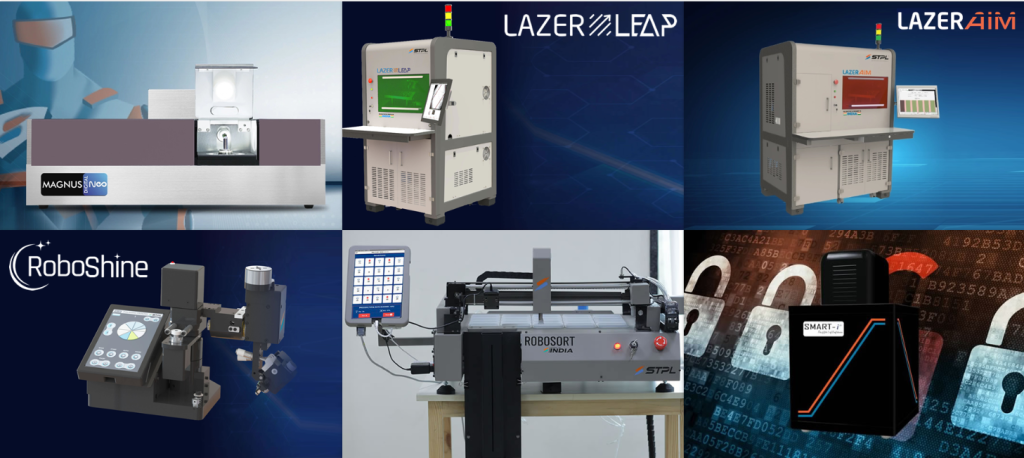 Six industrial processing systems: Magnus benchtop unit, Laser Leap cabinet system, LazerAIM laser processing equipment, RoboShine automated polishing platfo...