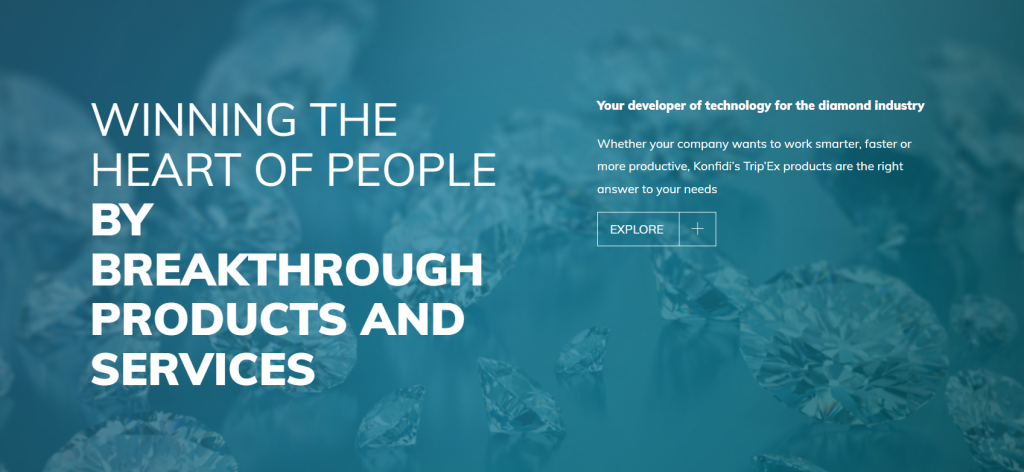 Konfidi hero banner: "Winning the heart of people by breakthrough products and services" with tagline "Your developer of technology for the diamond industry"...