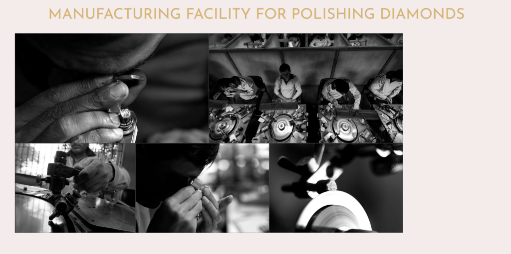 Diamond polishing workstations with rotating wheels and manual faceting operations in manufacturing facility