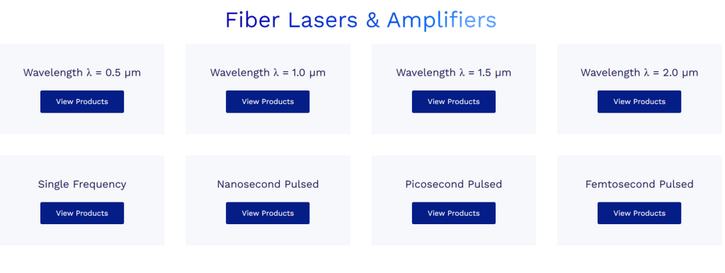 Fiber laser product categories by wavelength and pulse duration: 0.5 µm, 1.0 µm, 1.5 µm, 2.0 µm, single frequency, nanosecond, picosecond, and femtosecond pu...
