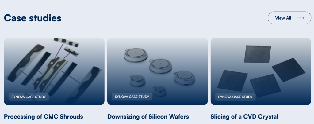 Three Synova case studies: CMC shroud components, silicon wafers, and CVD crystal slicing samples