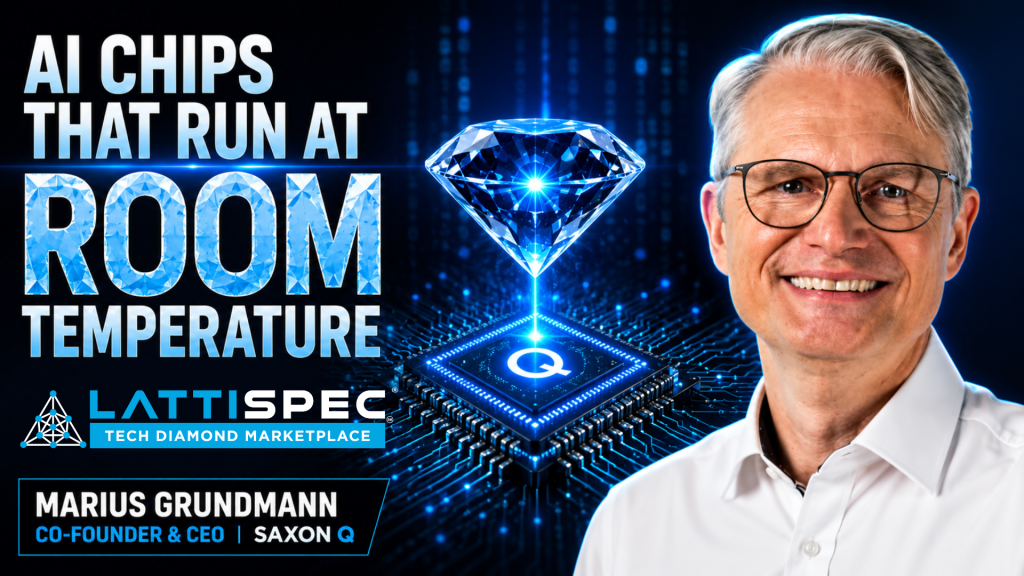 Marius Grundmann, Co-Founder & CEO of SAXON Q, with diamond chip on circuit board representing room-temperature AI processor technology