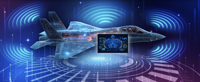Digital illustration of fighter aircraft with integrated avionics display showing quantum sensing or detection systems overlaid on blue networked background
