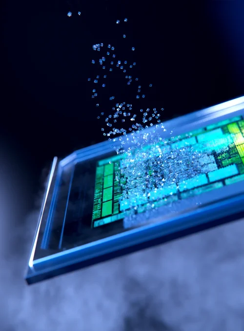 Smartphone displaying thermal management visualization with blue-green heat dissipation particles dispersing upward from device surface.
